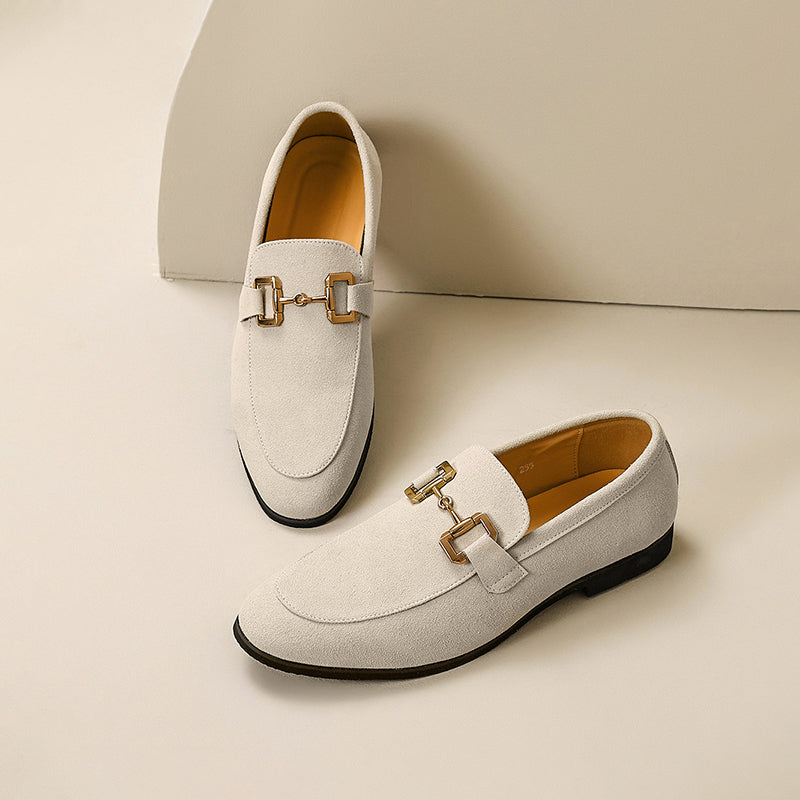 Men's brown suede loafers with gold horsebit detail, elegant slip-on semi-formal casual shoes