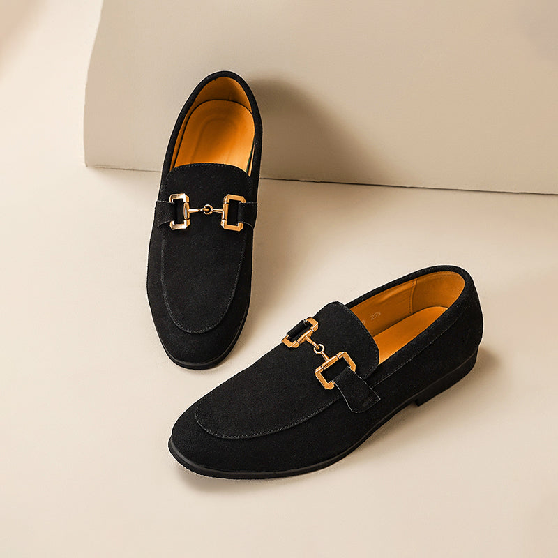 Men's brown suede loafers with gold horsebit detail, elegant slip-on semi-formal casual shoes