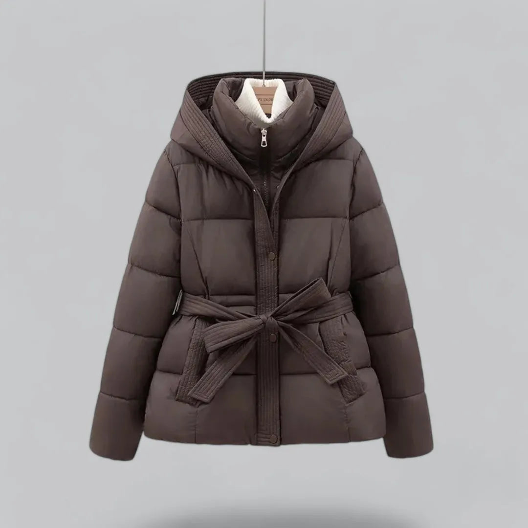 Women's belted hooded puffer jacket, quilted padding, elegant slim silhouette for cold weather