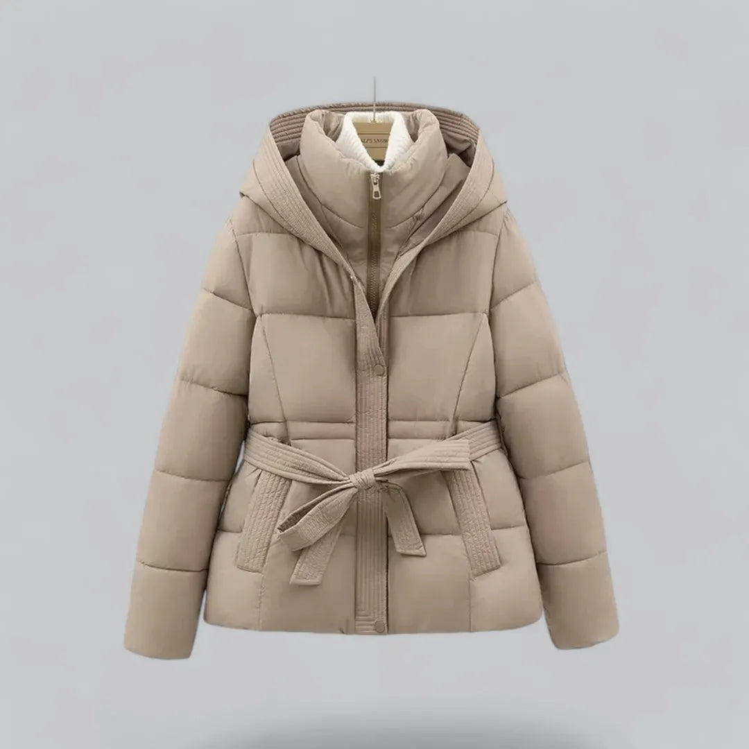Women's hooded puffer jacket with adjustable belt, quilted padding, elegant belted silhouette