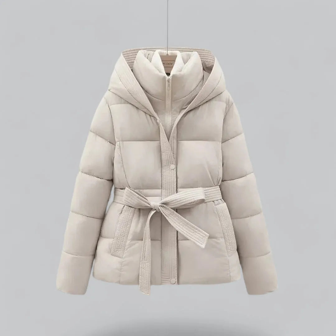 Women's hooded puffer jacket with adjustable belt, quilted padding, elegant belted silhouette