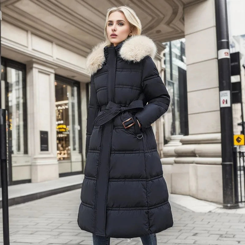 Women's elegant long winter coat with fur lining, windproof design, and refined cold-weather silhouette