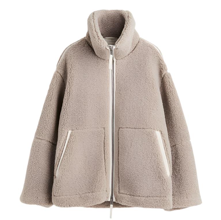 Women's oversized fleece jacket stand-up collar cozy elegant warmth versatile neutral tone