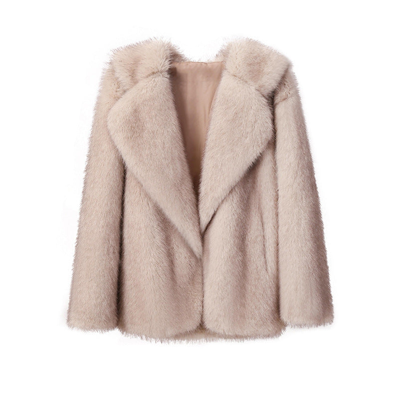 White faux fur jacket women long sleeve vintage-inspired plush coat elegant winter outerwear
