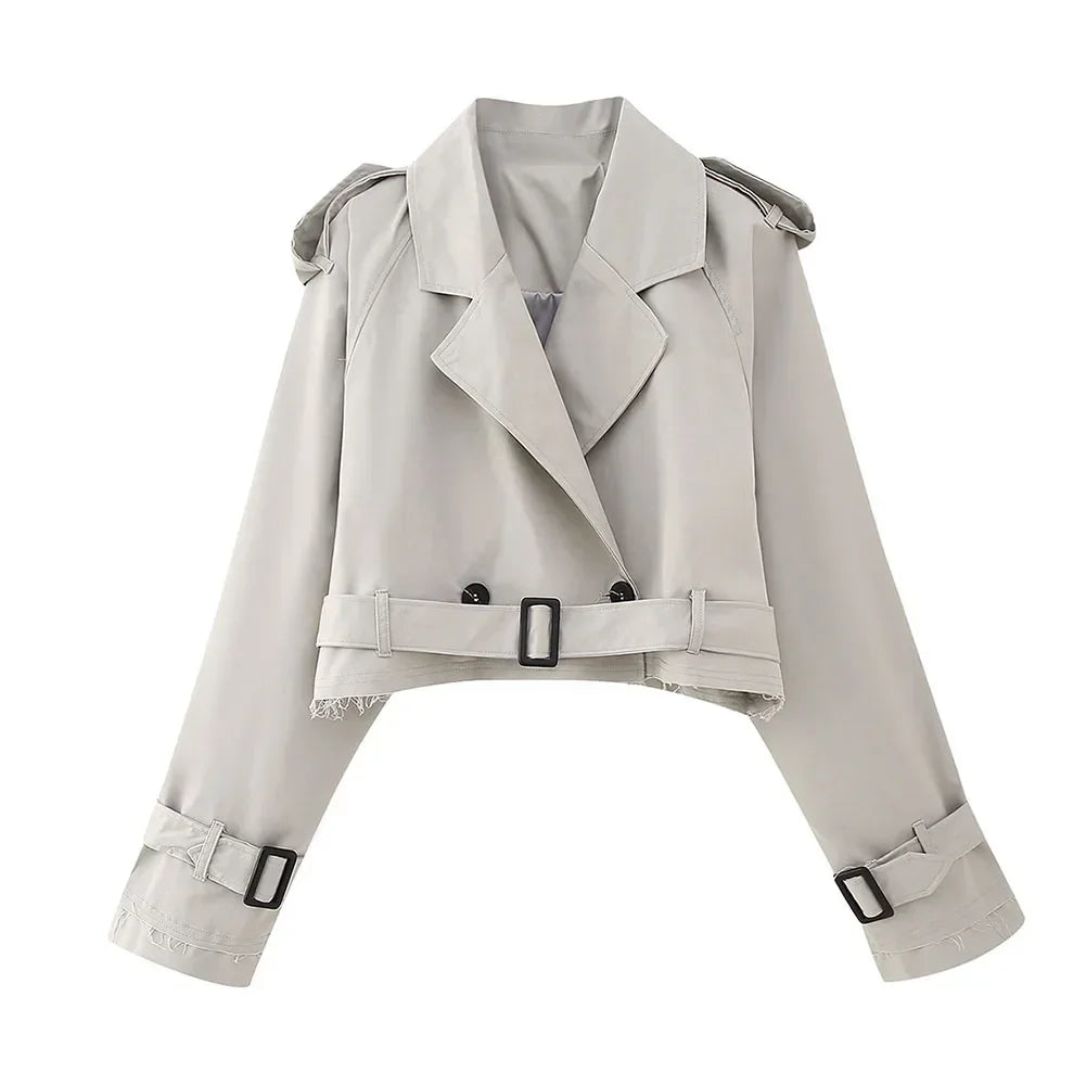 Women's elegant cropped blazer with belt, double-breasted buttons, long sleeves, polished office style