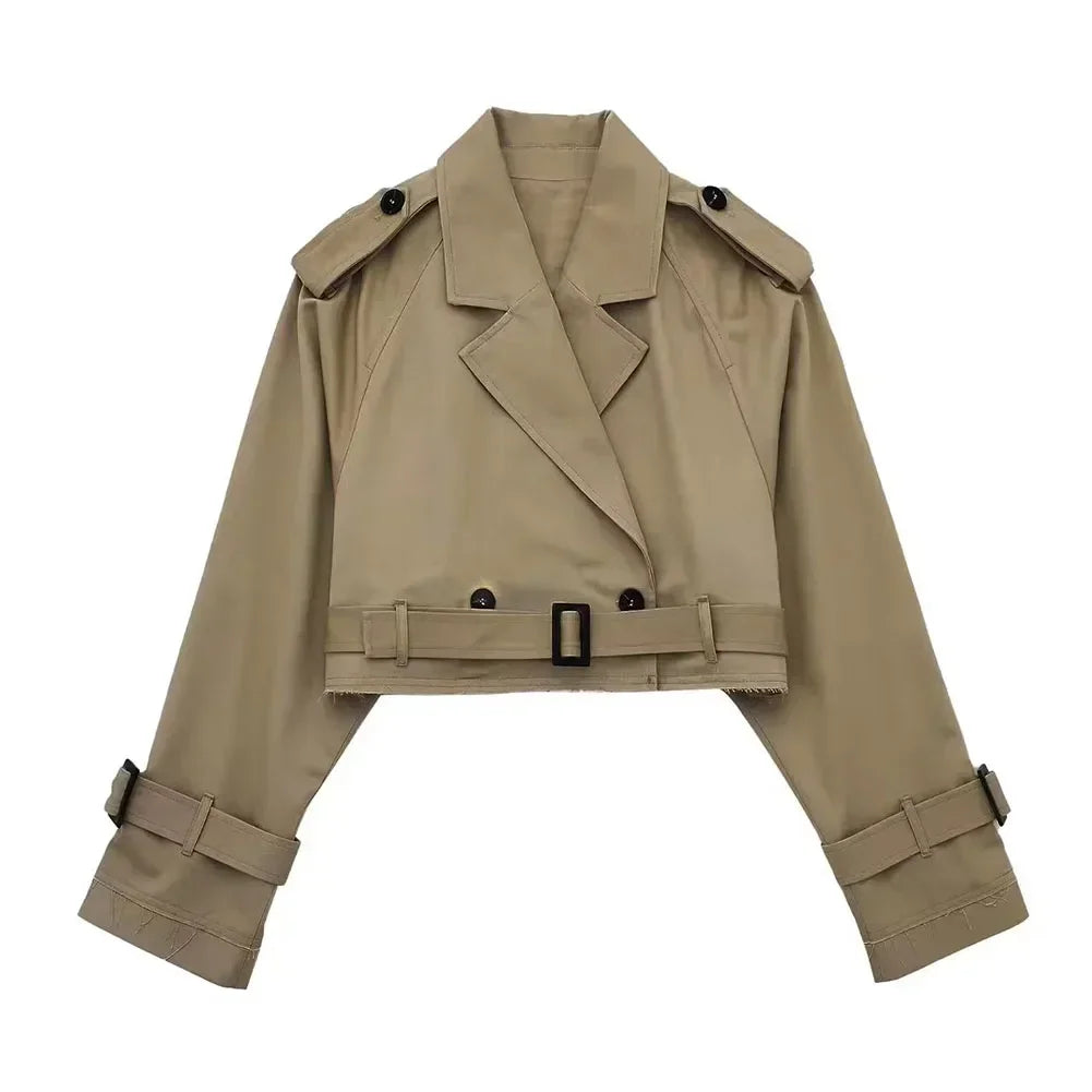 Women's beige cropped blazer double-breasted belt waist long sleeves elegant office style