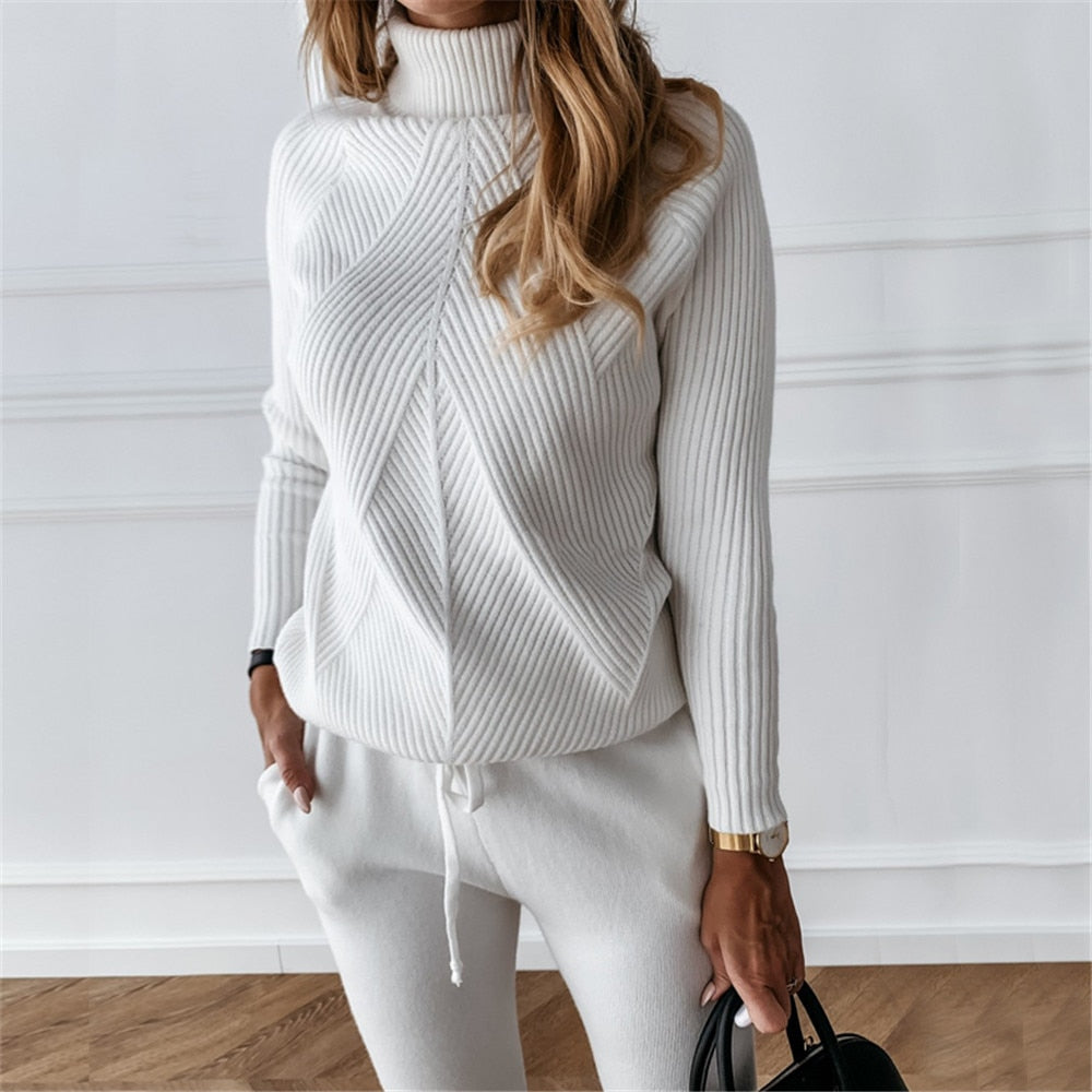 Women's elegant turtleneck tracksuit slim jogger pants cozy versatile loungewear set