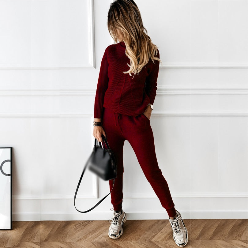 Women's elegant turtleneck tracksuit slim jogger pants cozy stylish casual loungewear set