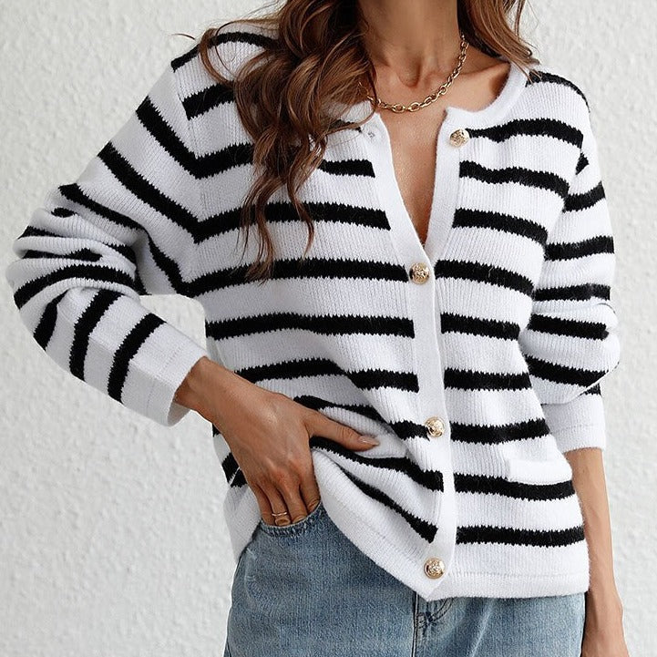 Women's striped knit cardigan, button closure, elegant cozy style in classic multicolor stripe pattern