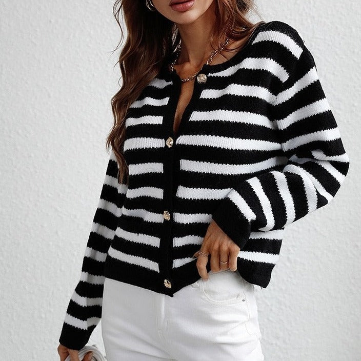 Women's elegant striped knit cardigan with button closure, cozy warmth, timeless versatile style