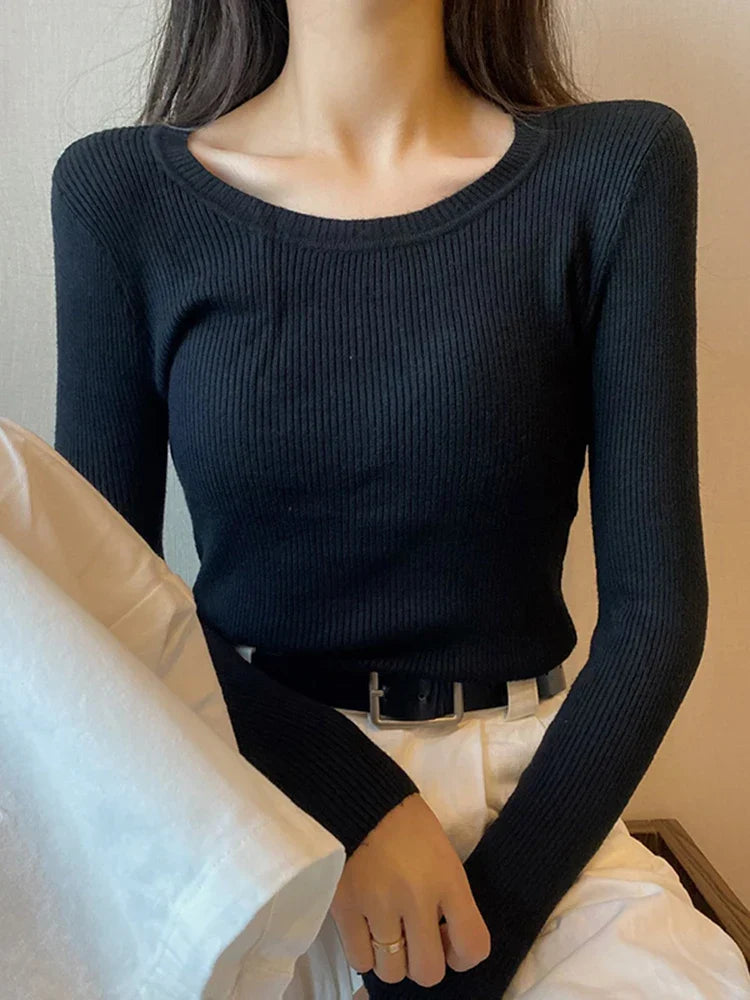 Women's slim fit O-neck sweater long sleeve autumn winter warm elegant knit pullover