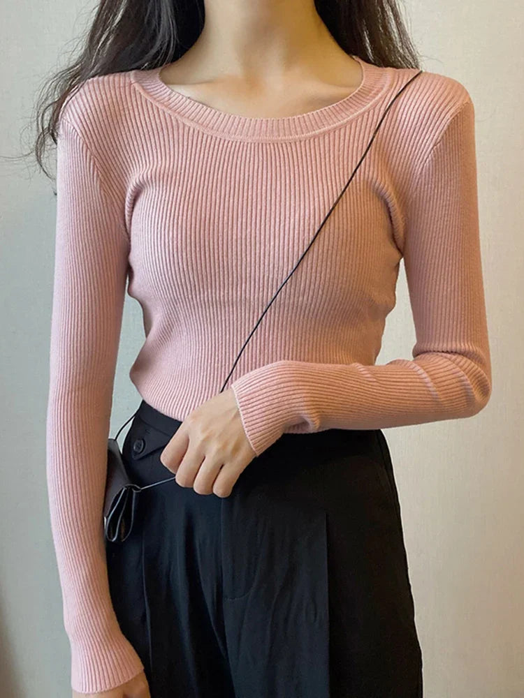 Women's slim fit O-neck sweater long sleeve autumn winter elegant knit pullover