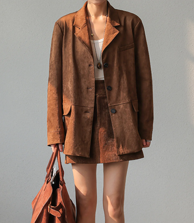 Women's elegant suede blazer timeless silhouette soft luxurious texture for autumn winter professionals