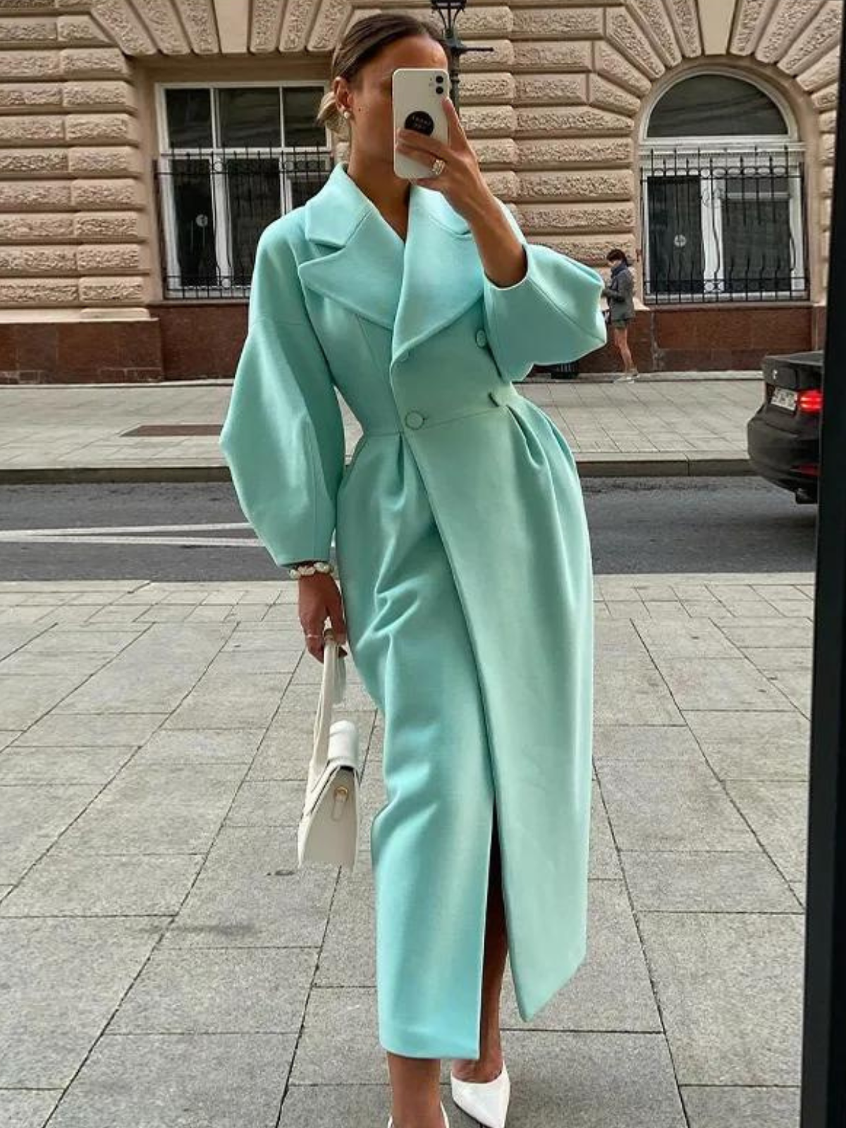 Women's elegant long winter coat wool blend classic silhouette luxurious warmth cold weather