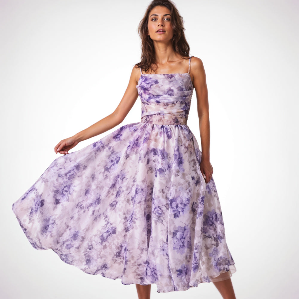Women's floral midi dress with adjustable spaghetti straps, elegant feminine cut for special occasions