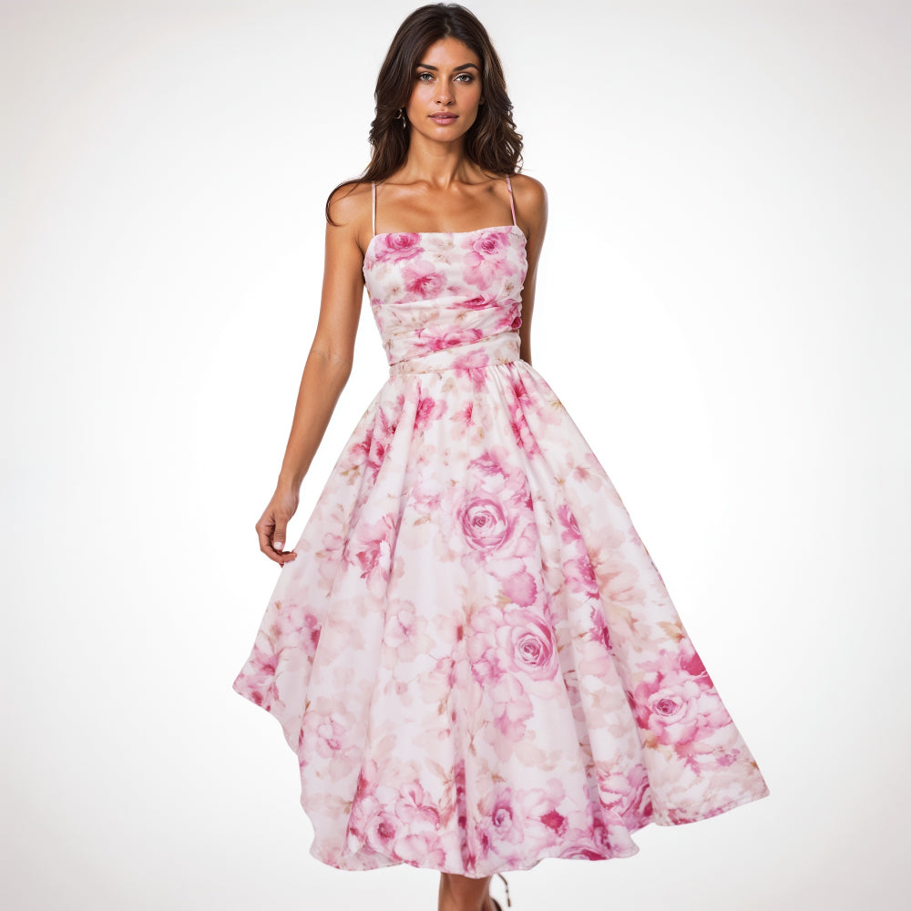 Women's floral midi dress with adjustable spaghetti straps, elegant feminine cut for special occasions