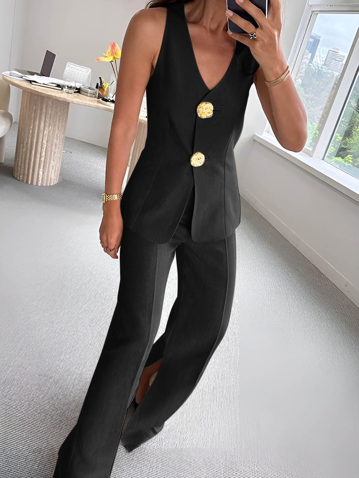 Elegant women's two-piece set solid color button detail side slit chic flattering silhouette