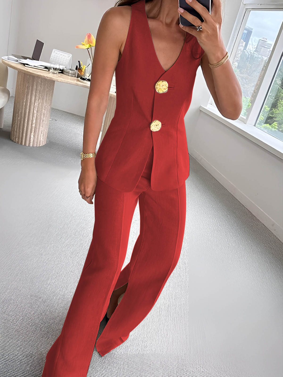 Women's elegant button-detail set with slit, chic polished silhouette for work and everyday wear