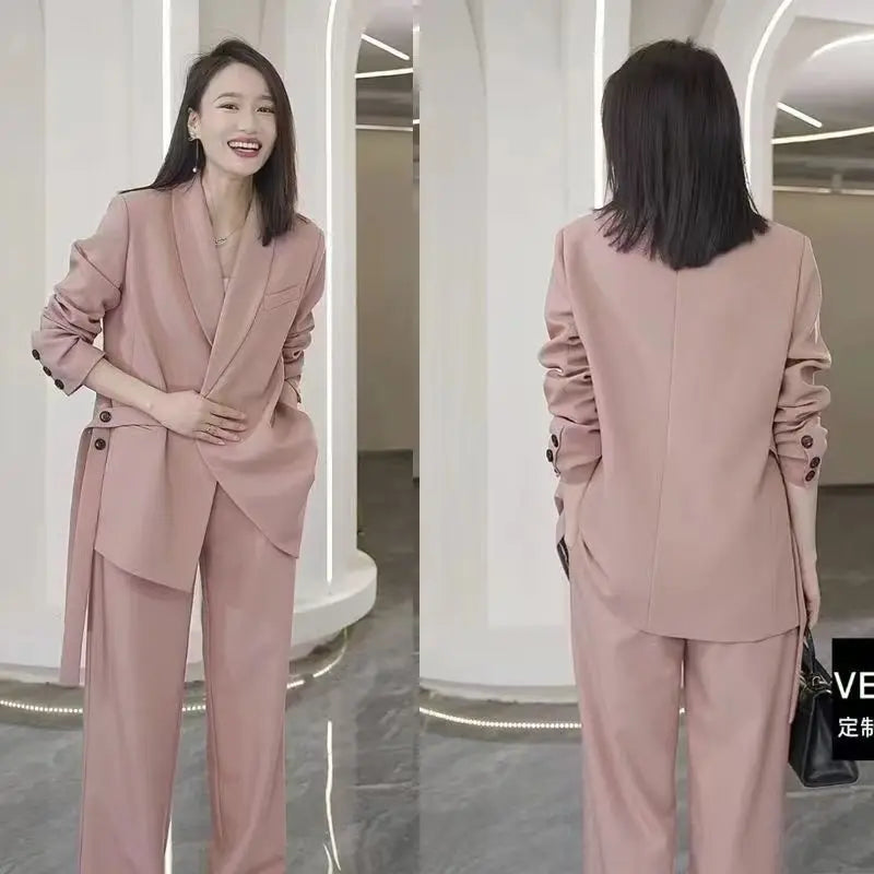 Women's chic suit set loose blazer wide-leg pants elegant office-ready professional style