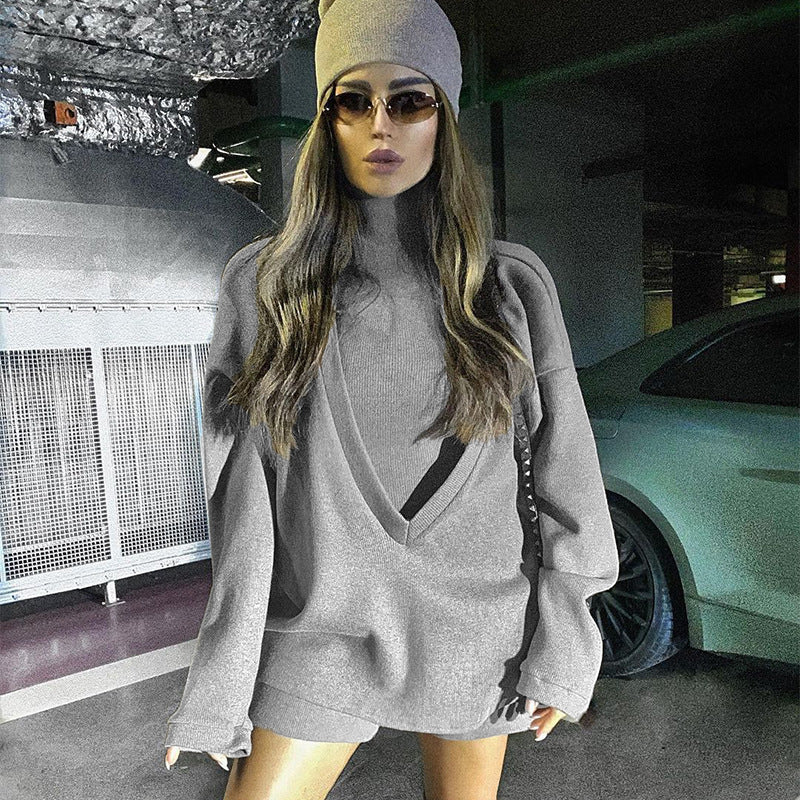 Women's ribbed tweed two-piece set, cropped top and high-waist bottom, chic winter style