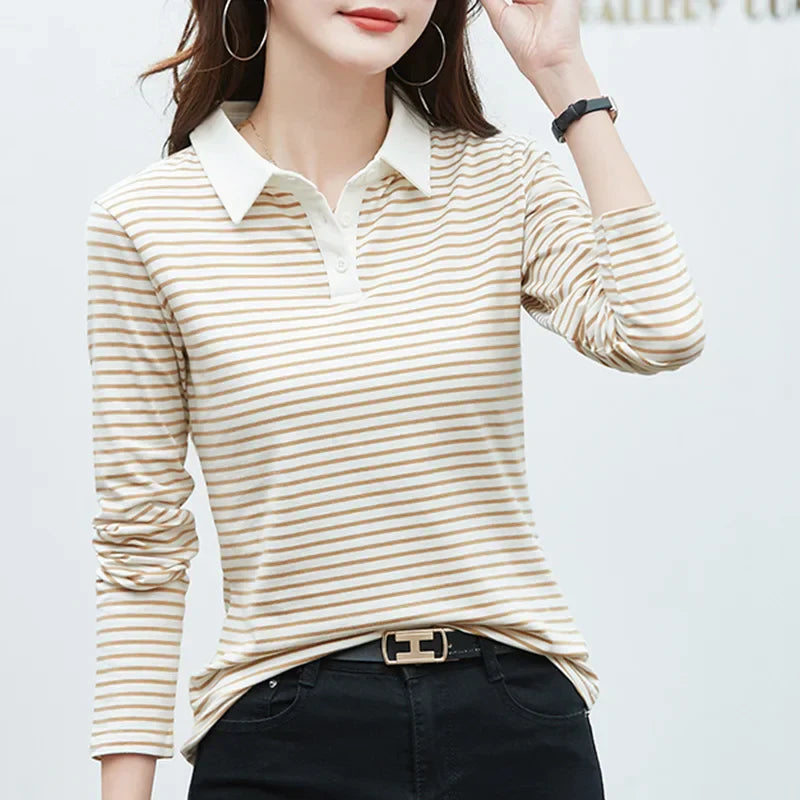 Women's cotton stretch long sleeve polo shirt with striped pattern, elegant autumn style