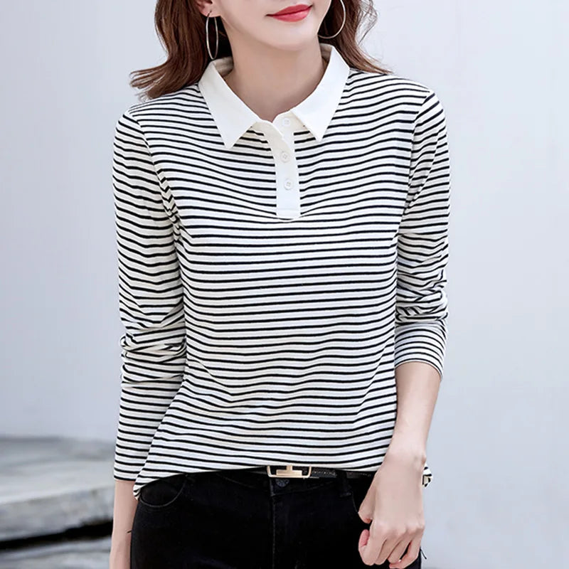 Women's cotton stretch long sleeve polo shirt with elegant striped pattern, perfect for autumn styling
