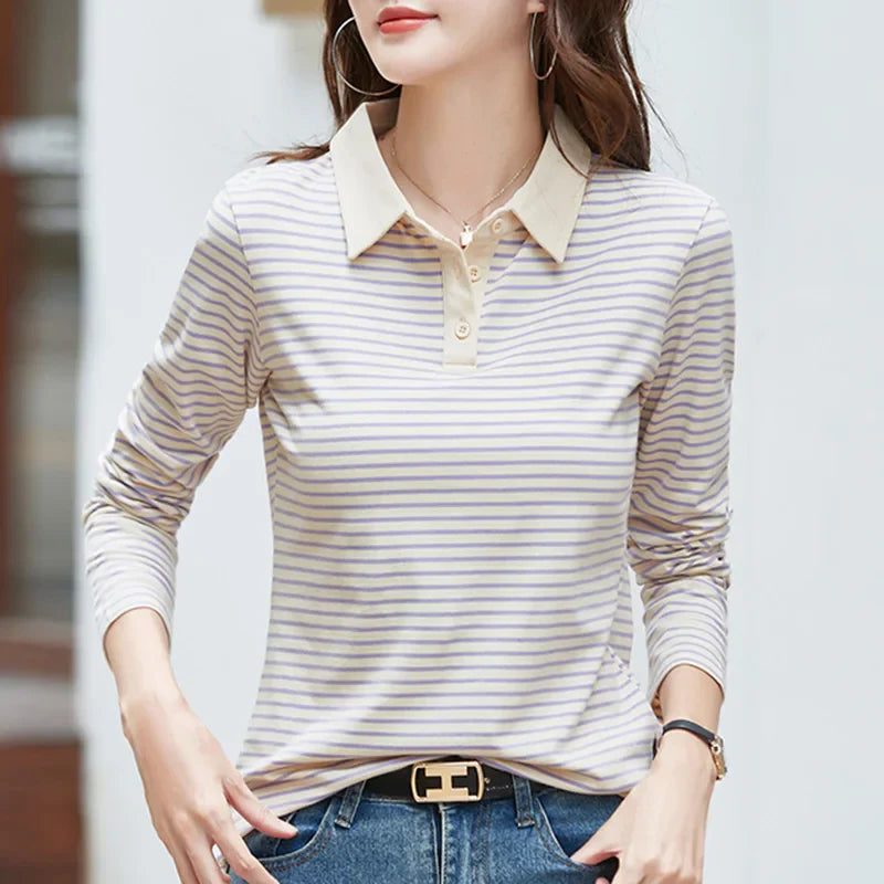 Women's cotton stretch long sleeve polo shirt striped elegant design for autumn casual or dressy wear