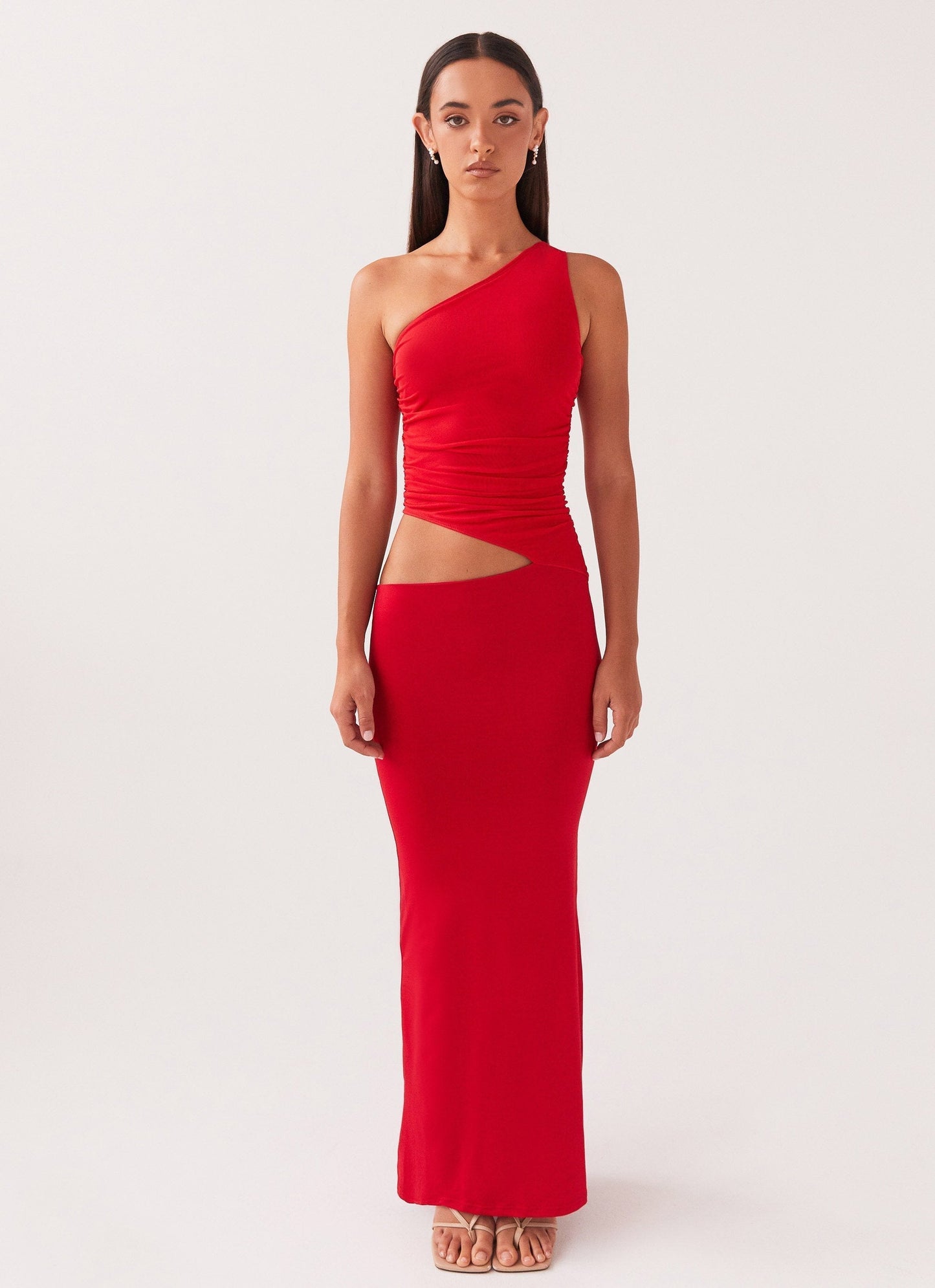 Elegant maxi dress with asymmetrical neckline, flowing silhouette for formal occasions and galas