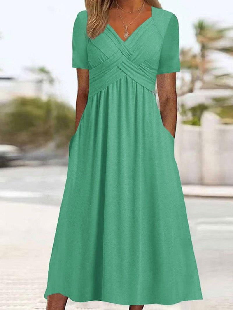 Women's lightweight flowy maxi wrap dress with deep V-neck, pockets, and elegant draped silhouette