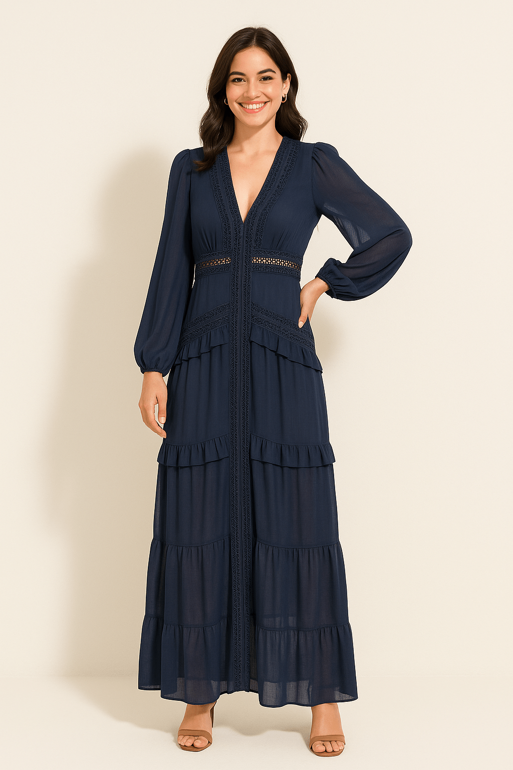 Elegant maxi dress with ruffles, V-neckline, lace inserts, and airy flounces for women