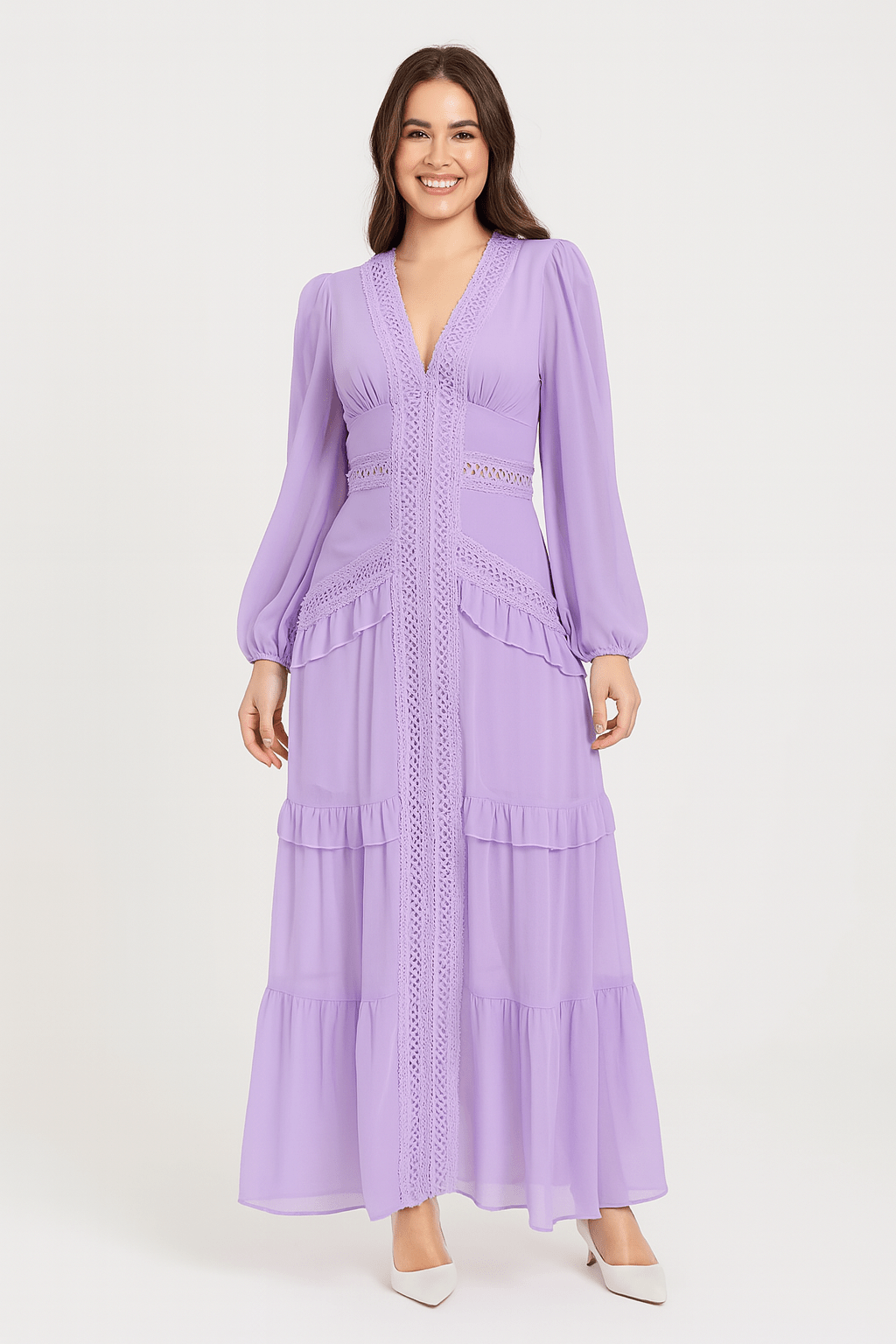 Elegant white maxi dress with ruffles, V-neckline, airy flounces, and delicate lace inserts