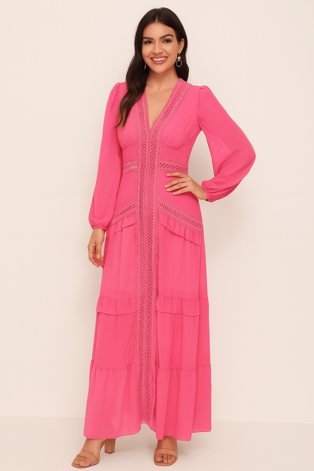 Elegant women's maxi dress in airy flounces, V-neckline, lace inserts, feminine ruffle silhouette
