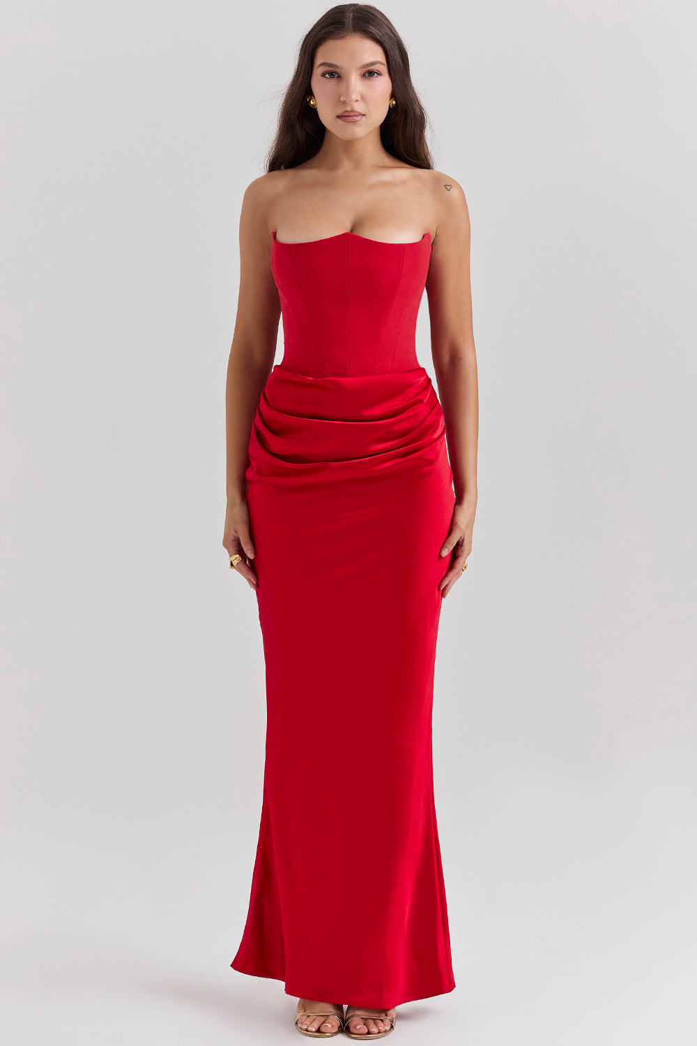 Women's elegant maxi evening gown corset waist shoulder straps flowing skirt flattering silhouette