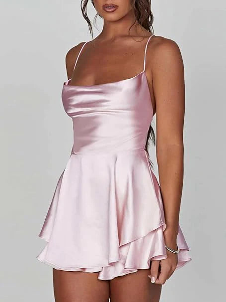 Women's backless satin evening gown with side slit, elegant silhouette for special occasions
