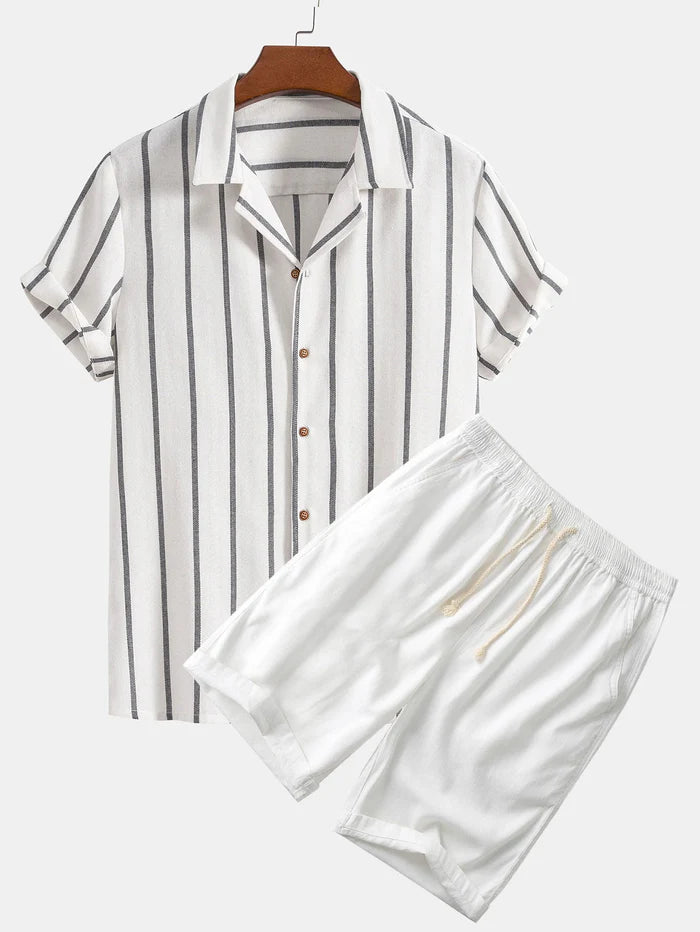 Men's striped short sleeve shirt and quick-dry shorts set, lightweight breathable relaxed fit beachwear
