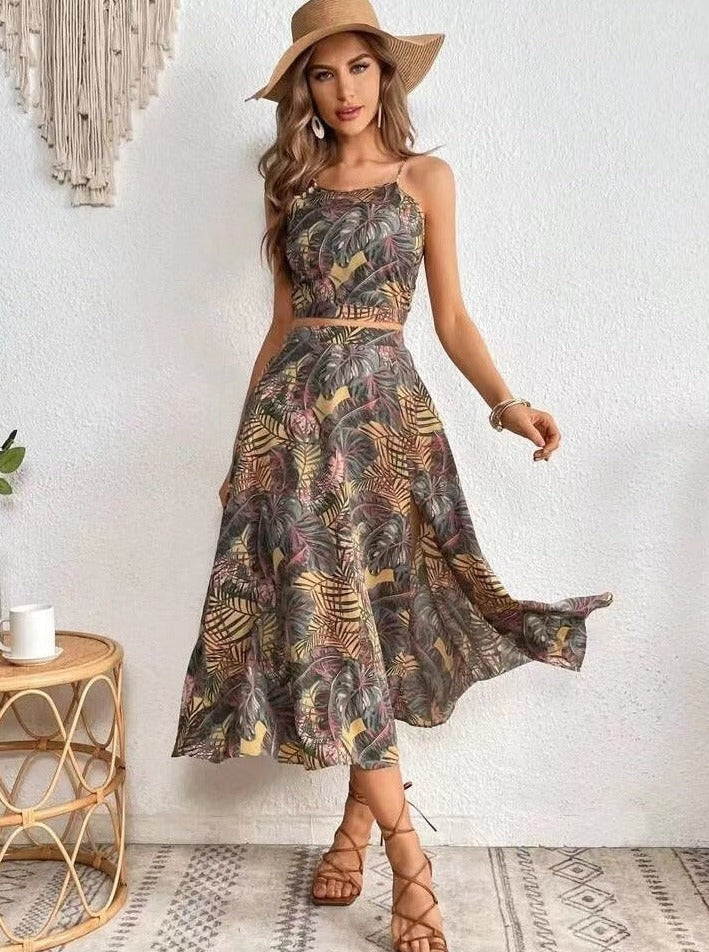 Women tropical print two-piece set flowing skirt and top vibrant vacation style