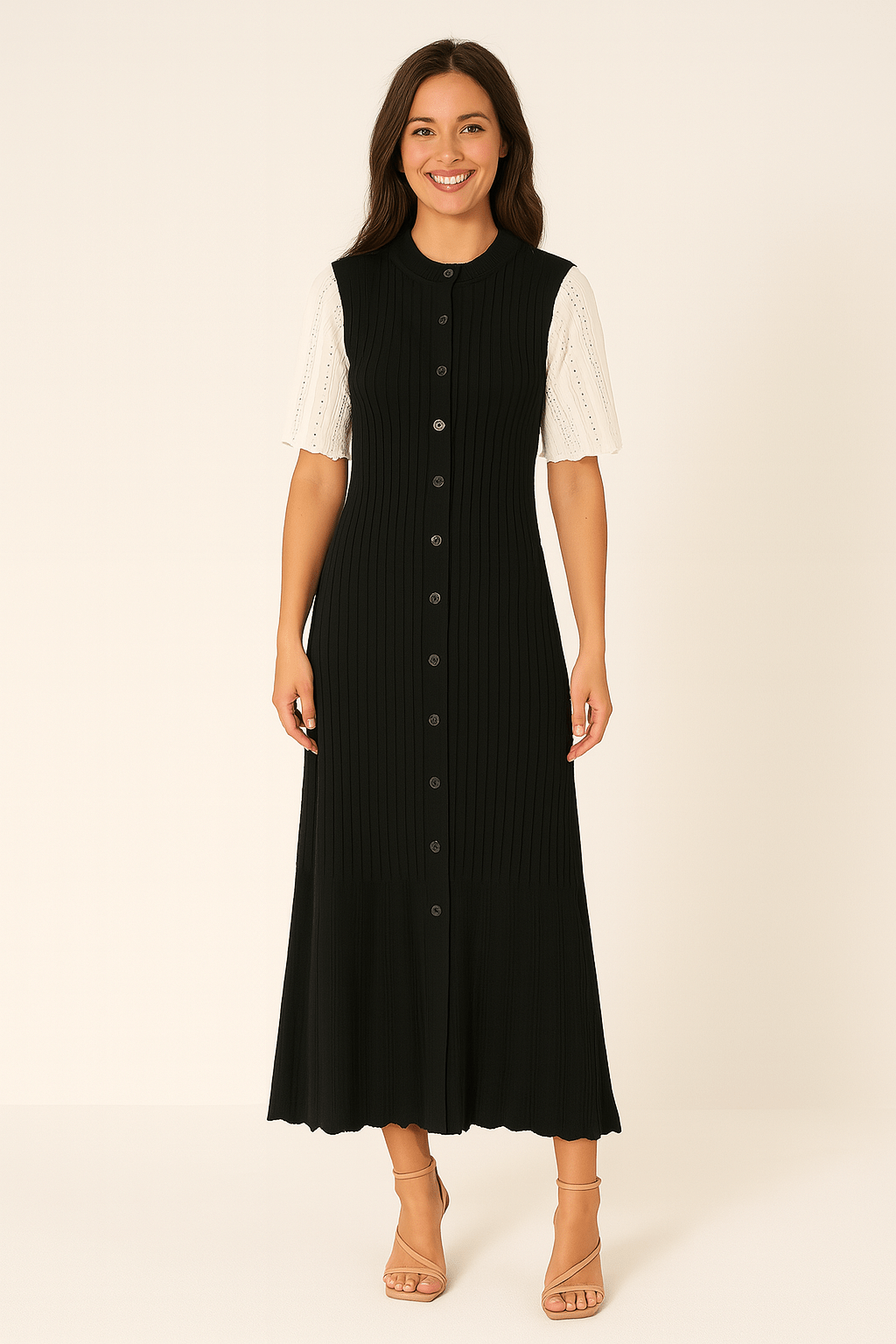 Women's ivory knitted maxi dress with continuous button placket and delicate eyelet pattern