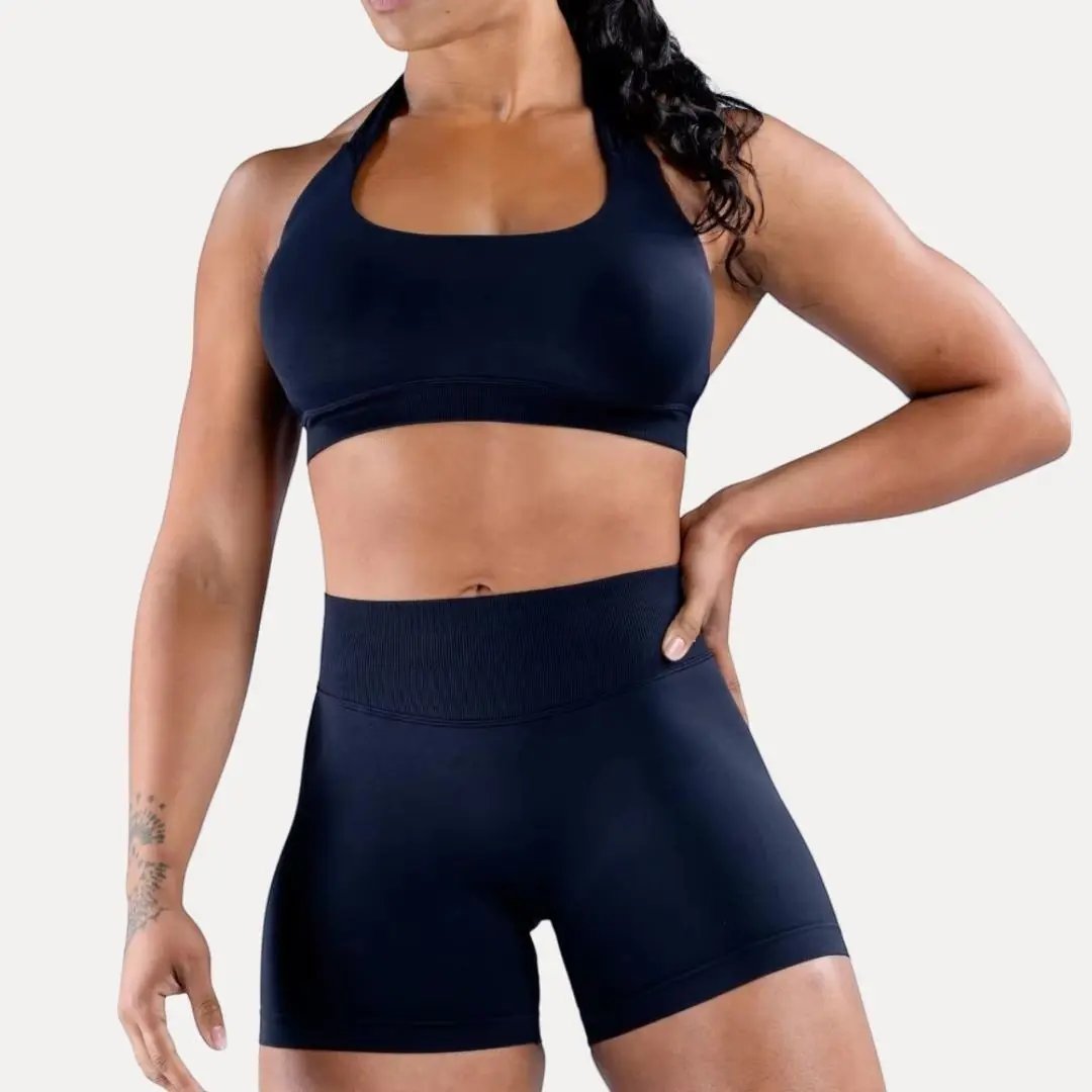 Women's seamless halter sports bra, sleek silhouette with secure support for workouts and casual wear