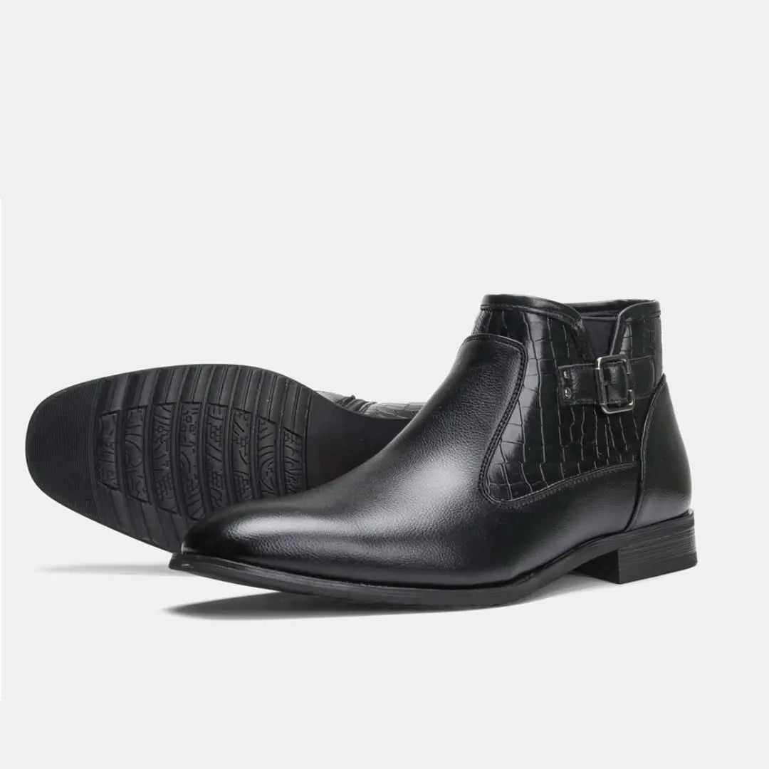 Black crocodile-texture synthetic leather buckle boots with side zipper, bold structured silhouette