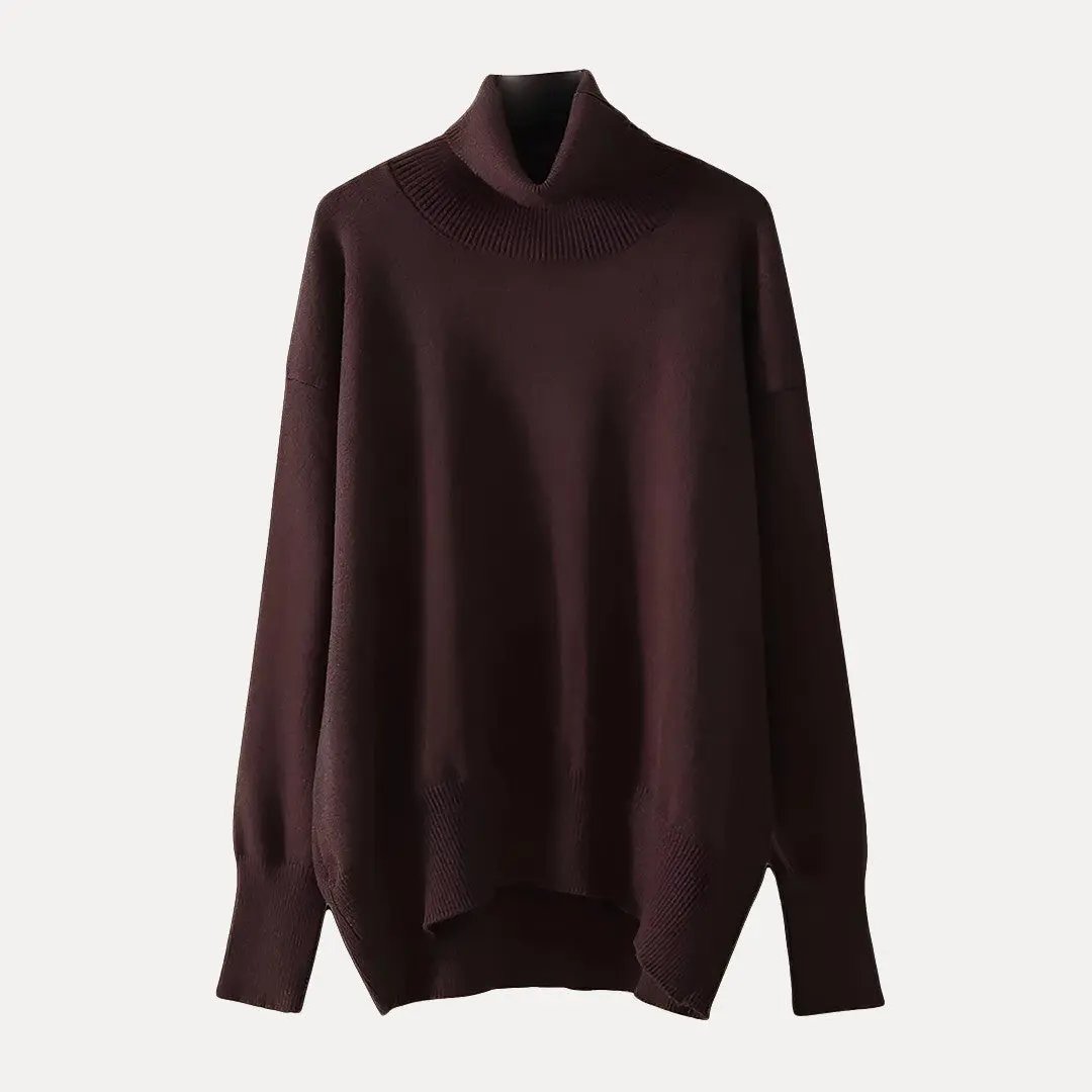 Women's oversized turtleneck sweater in soft knit, relaxed cozy fit perfect for winter layering