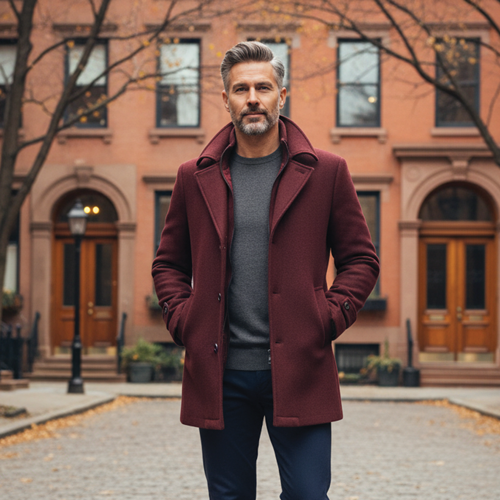 Men's wool blend mid-thigh overcoat in classic neutral tone with modern tailoring and inner zipper layer