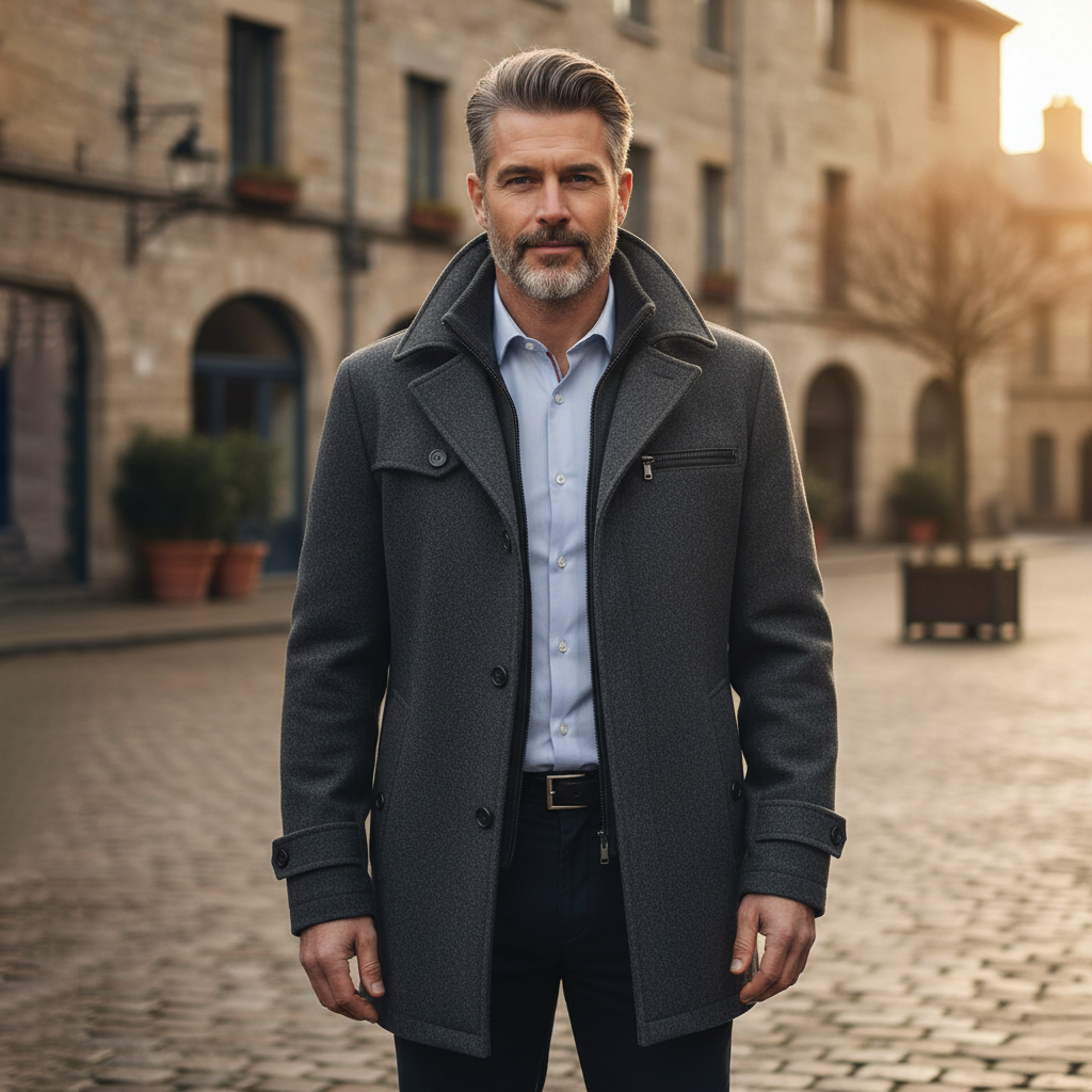Charcoal wool blend mid-thigh overcoat with modern tailoring and inner zipper layer for professionals