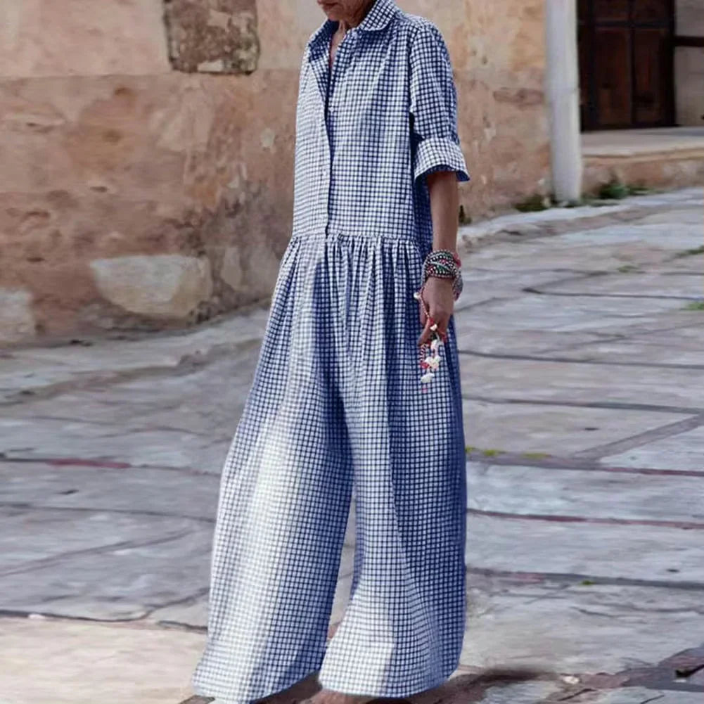 Women's relaxed fit wide leg jumpsuit mid sleeve button front cotton blend casual chic