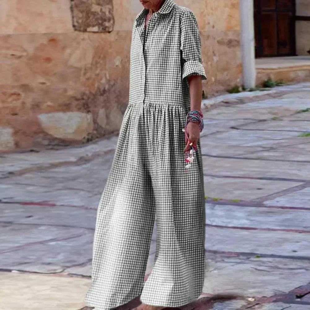 Women's relaxed fit wide leg jumpsuit mid sleeve button front cotton blend everyday style
