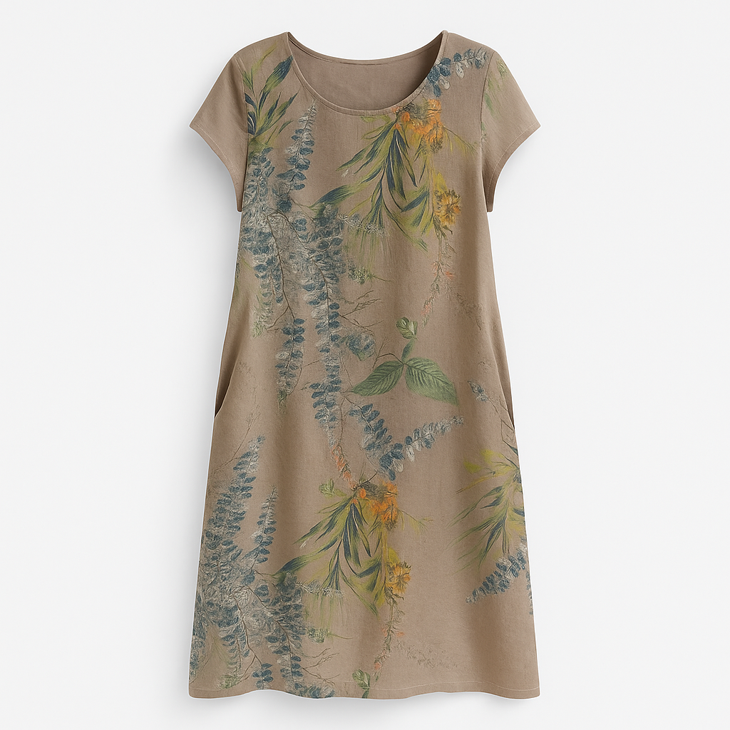 Women's Elisabeth light blue cotton linen relaxed-fit dress with round neck and delicate print