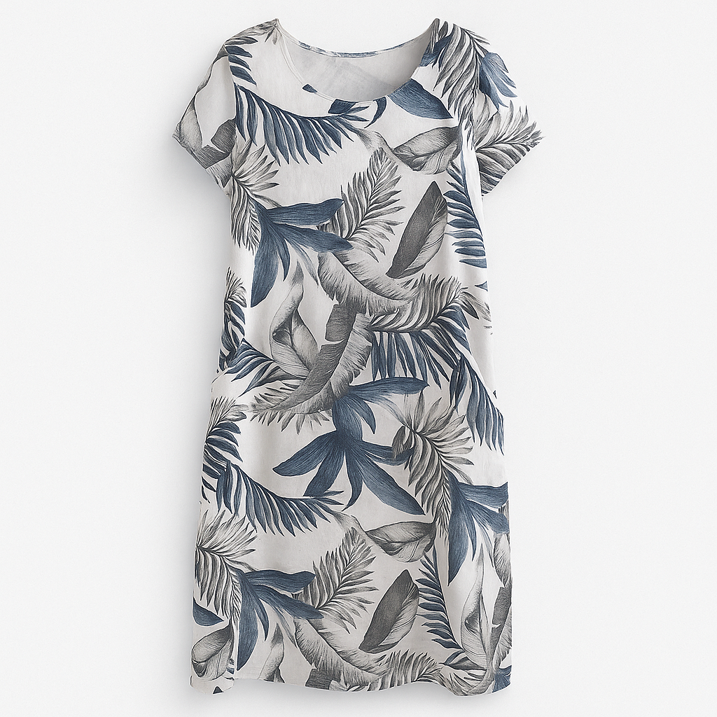 Women's Elisabeth light blue floral cotton-linen relaxed dress with round neck breathable everyday comfort