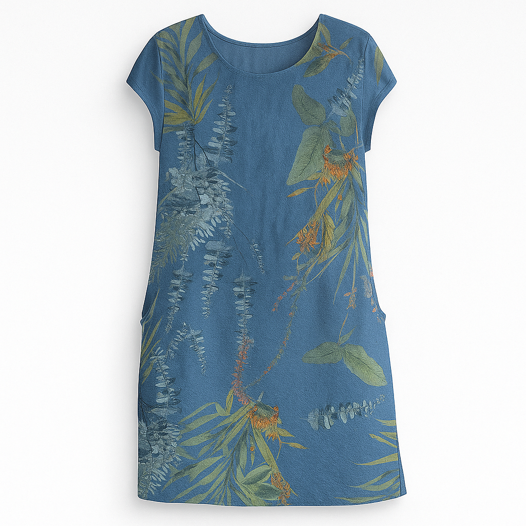 Women's Elisabeth cotton linen dress, relaxed fit round neck, delicate print, breathable everyday style