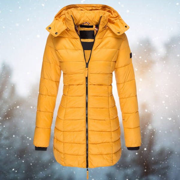 Women's winter quilted long jacket sleek elongated silhouette structured warmth modern style