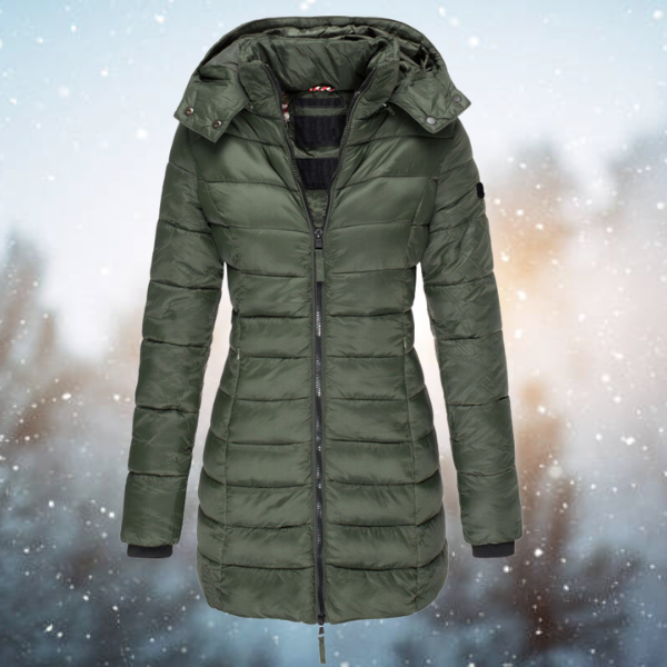 Women's quilted long winter jacket sleek elongated silhouette structured warmth without bulk
