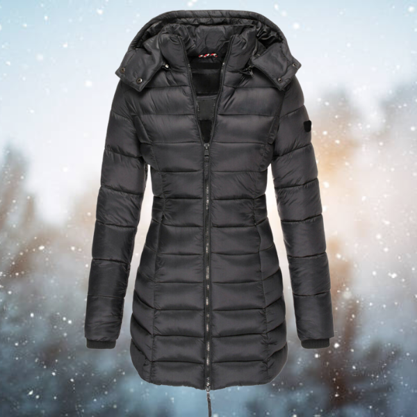 Women's quilted long winter jacket sleek elongated silhouette structured warmth without bulk